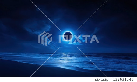 Dramatic solar eclipse silhouetted against a moody ethereal night sky reflected on the calm tranquil ocean waves lapping against the shore A captivating cosmic event Dramatic solar eclipse silhouetted against a moody ethereal night sky reflected on the calm tranquil ocean waves lapping against the shore A captivating cosmic event 132631349