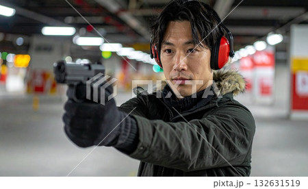 イヤーマフをして銃を構える男性 132631519