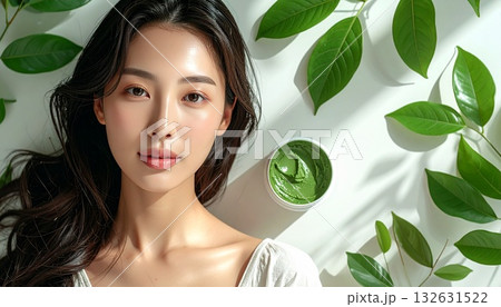 オーガニック　ヘアカラー　つやつやの日本女性のロングヘアとヘナの葉っぱ  132631522