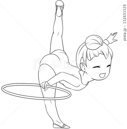 新体操をする若い女性選手。フープの演技をする女子新体操選手。シンプルで可愛いクリップアート・線画 132631528