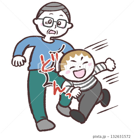 シニア男性にぶつかる走る子供のイラスト シニア男性にぶつかる走る子供のイラスト 132631572