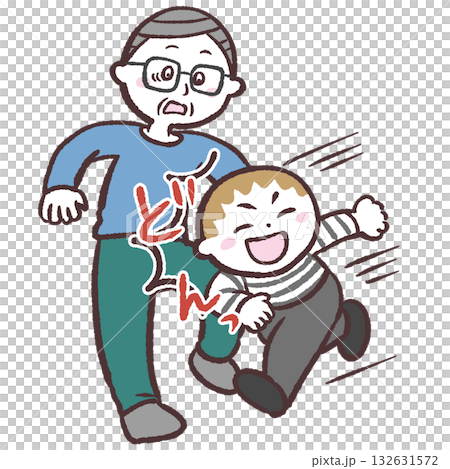 シニア男性にぶつかる走る子供のイラスト シニア男性にぶつかる走る子供のイラスト 132631572