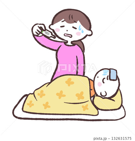 発熱の赤ちゃんと体温計を見る女性のイラスト 発熱の赤ちゃんと体温計を見る女性のイラスト 132631575