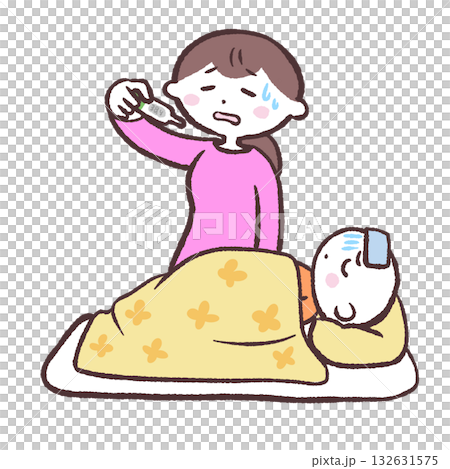 発熱の赤ちゃんと体温計を見る女性のイラスト 発熱の赤ちゃんと体温計を見る女性のイラスト 132631575