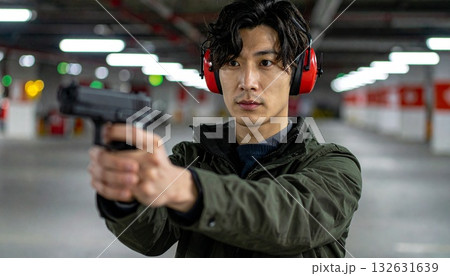 イヤーマフをして銃を構える男性 132631639