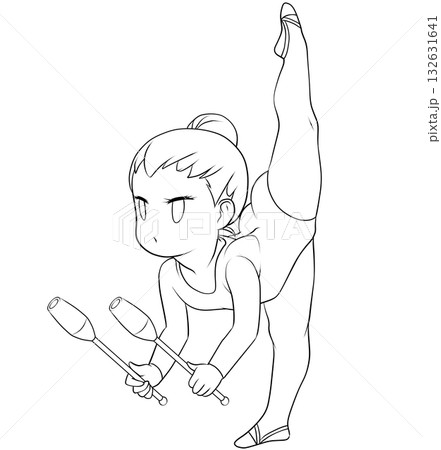 新体操をする若い女性選手。クラブの演技をする女子新体操選手。シンプルで可愛いクリップアート・線画 132631641