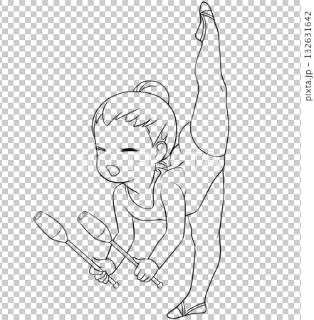 Young female rhythmic gymnast. Female rhythmic gymnast performing club routine. Simple and cute clip art/line drawing Young female rhythmic gymnast. Female rhythmic gymnast performing club routine. Simple and cute clip art/line drawing 132631642