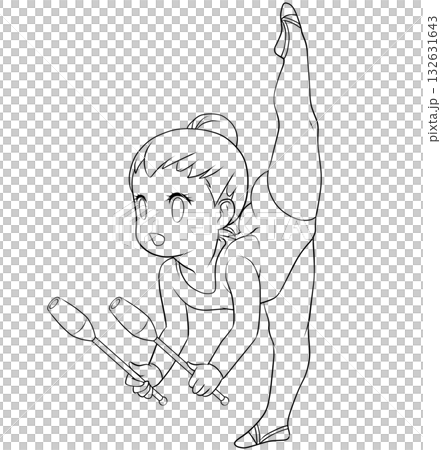 年輕的女子藝術體操運動員。女子藝術體操選手正在表演俱樂部成套動作。簡潔可愛的剪貼畫/線條畫。 132631643