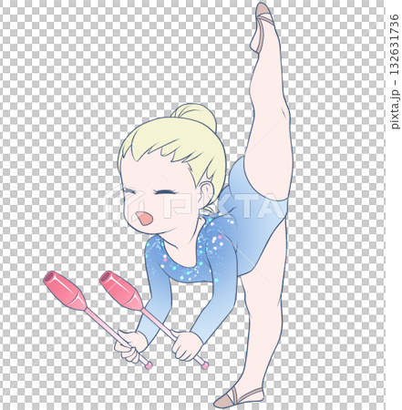 年輕的藝術體操女運動員。正在表演棒操的藝術體操女運動員。簡潔可愛的剪貼畫。 132631736