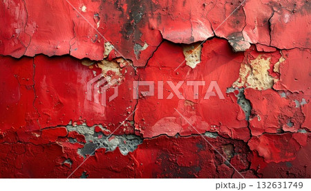 《AI画像》風化して塗装が剥がれてきた赤い壁 132631749