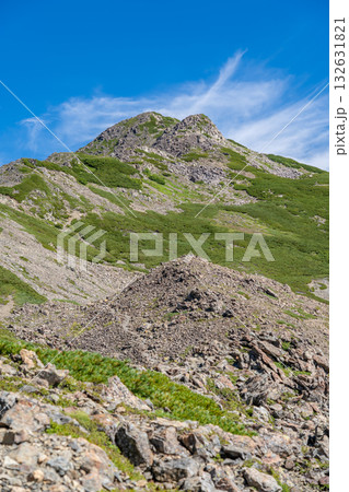 大門沢下降点付近から見上げる農鳥岳　南アルプス白峰三山の間ノ岳と農鳥岳登山 132631821