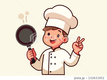 miling Chef Holding Pan and Making V Sign 132631952