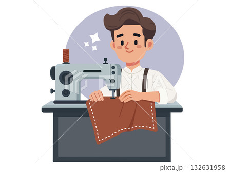 Smiling Tailor Sewing with Machine 132631958