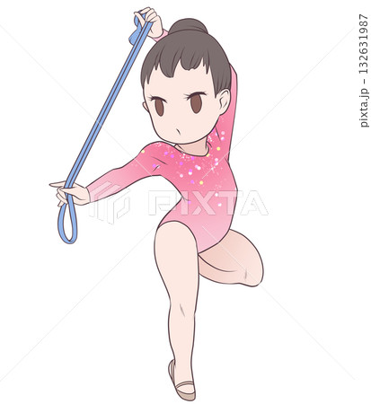 新体操をする若い女性選手。ロープの演技をする女子新体操選手。シンプルで可愛いクリップアート 132631987