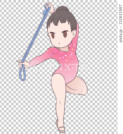 新体操をする若い女性選手。ロープの演技をする女子新体操選手。シンプルで可愛いクリップアート 132631987