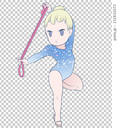 A young female athlete performing rhythmic gymnastics. A female rhythmic gymnast performing rope routines. Simple and cute clip art 132632072