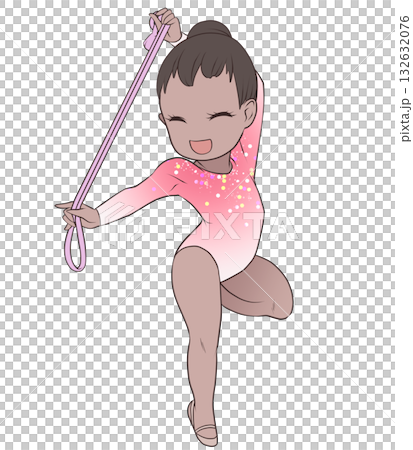 一位年輕的女運動員正在表演藝術體操。一位女藝術體操運動員正在表演繩索項目。簡潔可愛的剪貼畫。 132632076