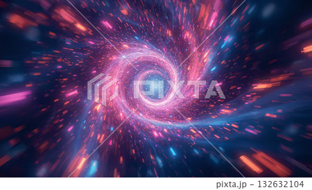 ピンクとブルーのネオン光線が渦巻くワームホールの抽象的な背景 132632104