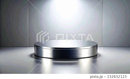 スポットライトが当たるメタリックな円形ステージ台座 132632123