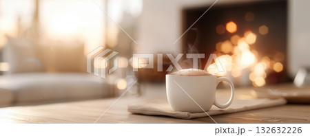 Warm coffee mug by a fireplace with cozy living room in background Warm coffee mug by a fireplace with cozy living room in background 132632226