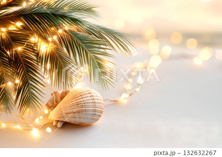A tranquil scene featuring a lush tropical palm tree adorned with twinkling string lights and a decorative seashell creating a warm and inviting atmosphere 132632267