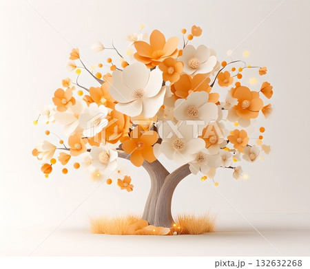 A whimsical and delicate tree like structure adorned with vibrant handmade paper flowers in shades of orange and white 132632268