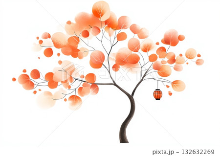 A whimsical autumn tree with lush colorful leaves and delicate hanging lanterns creating a serene and enchanting atmosphere 132632269
