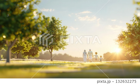 Family of four walking in a park with sunlight shining through the trees. Family of four walking in a park with sunlight shining through the trees. 132632275