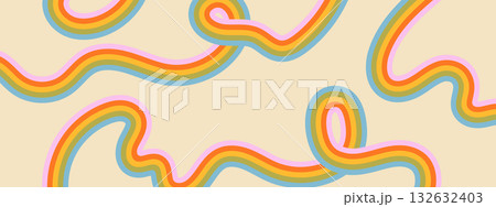 Wavy rainbow stripes retro pattern. Vintage horizontal background with groovy colorful lines. Wavy rainbow stripes retro pattern. Vintage horizontal background with groovy colorful lines. 132632403
