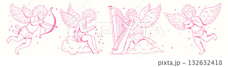 Whimsical cupid collection. Hand drawn vintage cherubs with bow, harp, cloud, and love letter in coquette doodle style. Vector illustration for valentine, wedding, and romantic design. 132632418