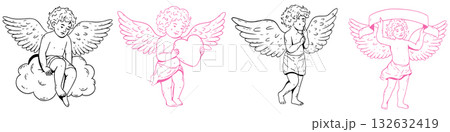 Whimsical cupid set. Hand drawn vintage cherub illustrations with cloud, heart, banner and thoughtful pose in coquette doodle style. 132632419