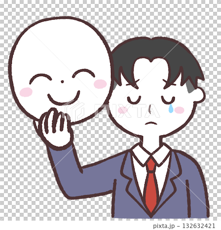 Illustration of a crying boy holding a smiling mask Illustration of a crying boy holding a smiling mask 132632421