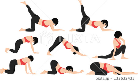 ダイエットする女性のイラストセット(ストレッチ) 132632433