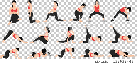ダイエットする女性のイラストセット(ストレッチ) ダイエットする女性のイラストセット(ストレッチ) 132632443