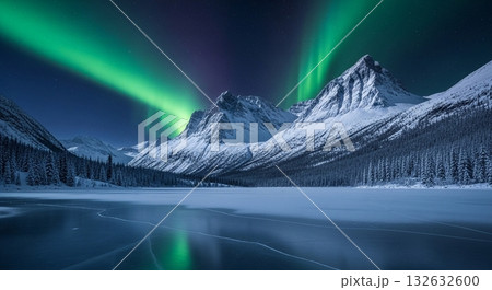 フィヨルドに現れた幻想的なオーロラ フィヨルドに現れた幻想的なオーロラ 132632600
