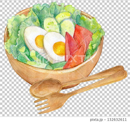 Watercolor illustration: Fresh vegetable salad 132632611