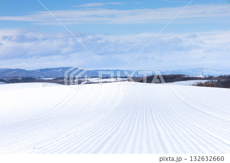冬の冬の北海道美瑛町の雪が積もった畑の風景 132632660