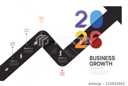 Infographic business 2026 arrow infochart with icons and circle elements, 4 steps chart template for presentation vector. 132632662