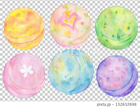 Watercolor illustration of a set of colorful bath bombs 132632698