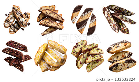 Set of of Biscotti cantucci, crunchy twice-baked Italian cookie biscuit, nuts fruit flavour, pile stack, transparent cutout PNG. Many different flavor. Mockup template design. Overhead top view Set of of Biscotti cantucci, crunchy twice-baked Italian cookie biscuit, nuts fruit flavour, pile stack, transparent cutout PNG. Many different flavor. Mockup template design. Overhead top view 132632824