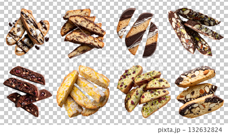 Set of of Biscotti cantucci, crunchy twice-baked Italian cookie biscuit, nuts fruit flavour, pile stack, transparent cutout PNG. Many different flavor. Mockup template design. Overhead top view Set of of Biscotti cantucci, crunchy twice-baked Italian cookie biscuit, nuts fruit flavour, pile stack, transparent cutout PNG. Many different flavor. Mockup template design. Overhead top view 132632824