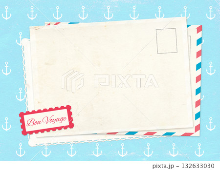 Horizontal travel background with retro postcard on vintage paper of blue color and anchors pattern. Bon Voyage - Have a nice trip, in French. Topic of travel, trip abroad on vacation, cruises, tours Horizontal travel background with retro postcard on vintage paper of blue color and anchors pattern. Bon Voyage - Have a nice trip, in French. Topic of travel, trip abroad on vacation, cruises, tours 132633030