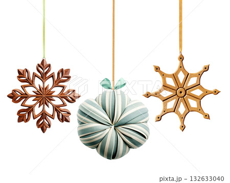 Homemade Christmas ornaments crafted of natural biodegradable materials. Handcrafted Eco friendly Christmas decor.  Ecology, environmental conservation, zero waste concept. Isolated on white 132633040
