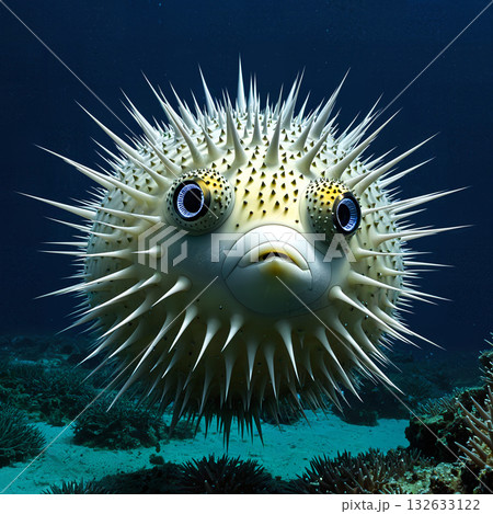 全身の棘を立てて膨らむ、警戒しながらもどこか可愛いハリセンボン 132633122