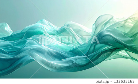 水の流れ：ターコイズとグリーンの布が波打つ清涼感ある抽象背景 132633165
