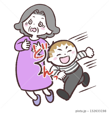 シニア女性にぶつかる走る子供のイラスト 132633198