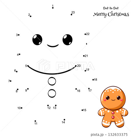 Connect The Dots and Draw Cute Gingerbread Man. Dot to dot puzzle - cartoon gingerman cookies. Merry Christmas. Educational Game for Kids. Drawing for Preschool children. Vector Illustration EPS8 132633375