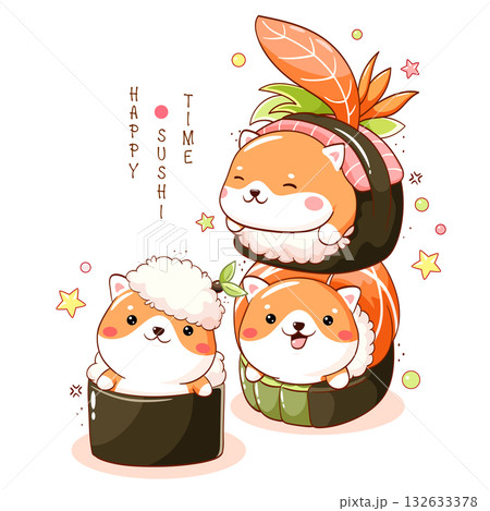 Stack of kawaii Shiba inu and sushi. Cute akita inu puppy playing with sushi. Little dog with rolls. Can be used for t-shirt print, sticker, greeting card, menu design. Vector illustration EPS8 132633378
