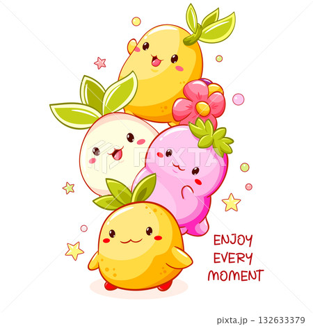 Stack of kawaii characters. Cute little monsters fooling around. Pile of Funny happy baby monsters. Can be used for t-shirt print, sticker, greeting card, menu design. Vector illustration EPS8 132633379