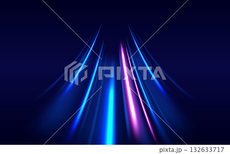Blue and pink curved neon beams on dark blue background. High speed motion moving concept. Blue and pink curved neon beams on dark blue background. High speed motion moving concept. 132633717